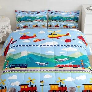 Kids' Transportation Themed Bedding Set Trains, Planes, Buses,helecopter